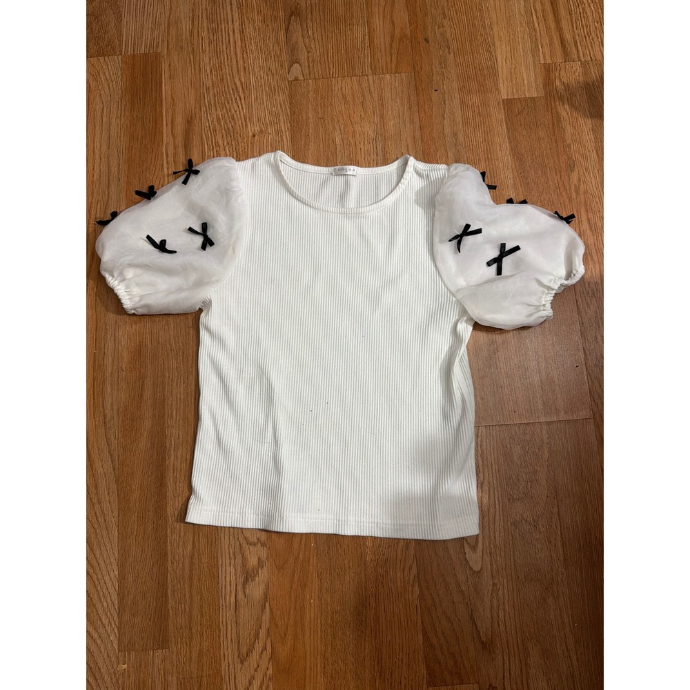 COLZA White Ribbed Puff Sleeve Top with Black Bows Organza Sheer Sleeves Size M